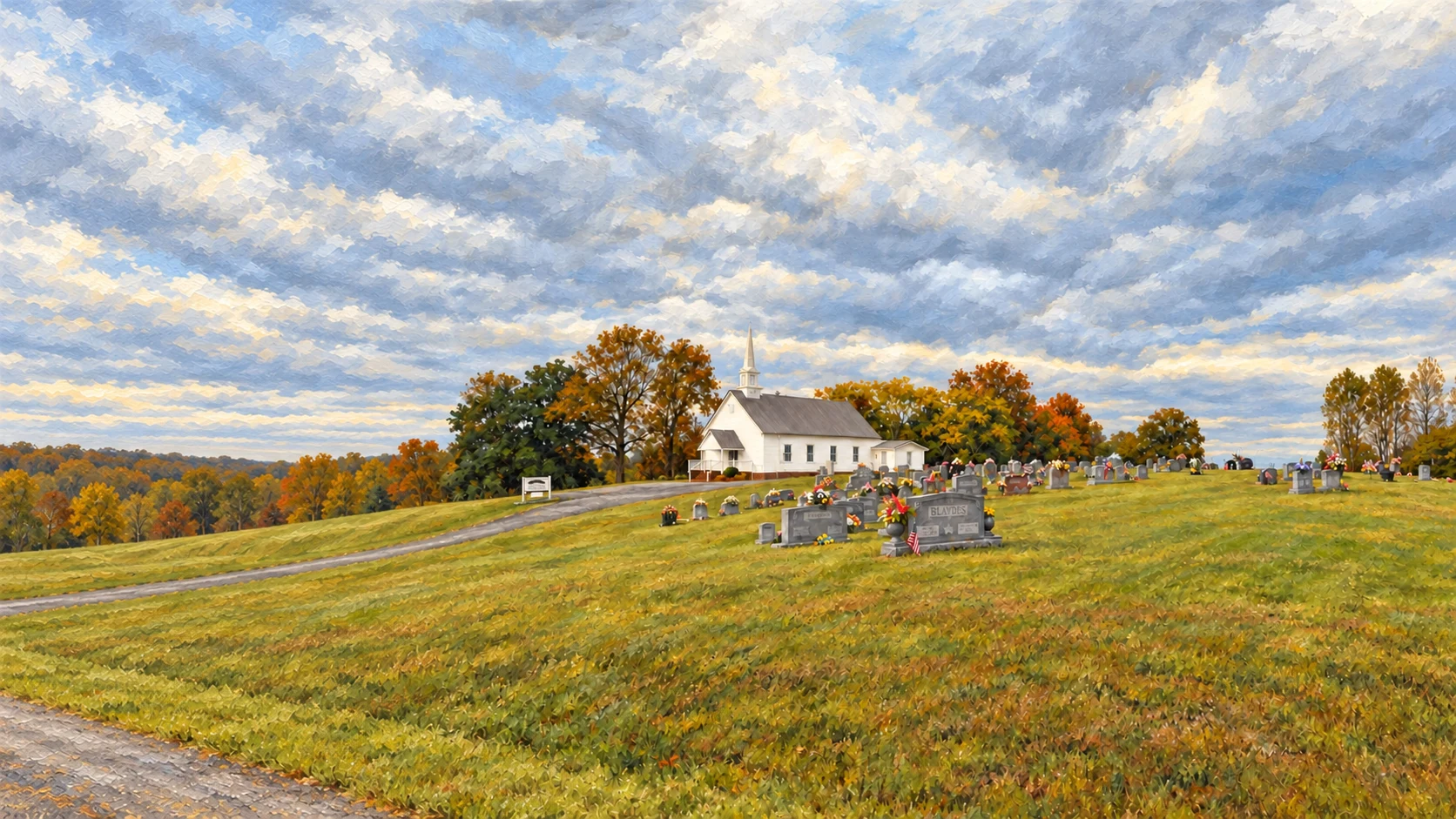 An oil-painted view of Maple Hill’s grounds, with the white church, autumn trees, and flower-decorated monuments.